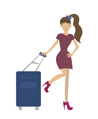 拖着行李箱的年轻长发女子矢量插画图片下载