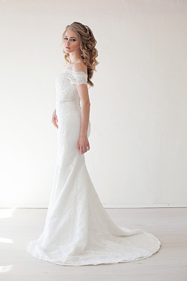 美丽的新娘摆着婚礼的发型和礼服图片下载