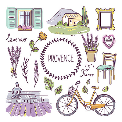 普罗旺斯手绘插图。法国乡村元素。薰衣草、自行车、家具和风景图片下载