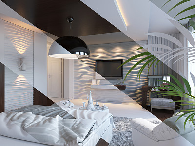 现代风格的卧室室内设计的3d渲染。图片下载