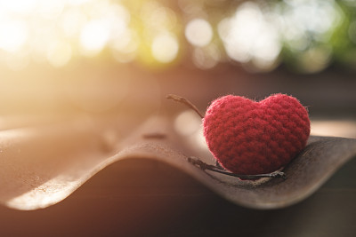 清晨阳光下屋顶上红心编织图片下载