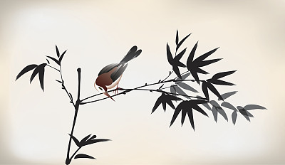 墨画竹和鸟素材图片