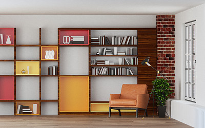 扶手椅在空客厅与书架3d渲染，阅览室。图片下载