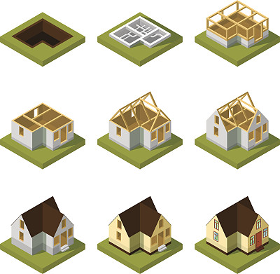 现代建筑在不同施工阶段的可视化。等距矢量图素材图片