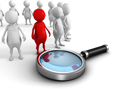 白色3d人队，红色领队和放大镜图片下载