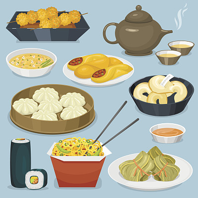 中国传统美食菜肴美味亚洲晚餐午餐熟食矢量插画素材图片