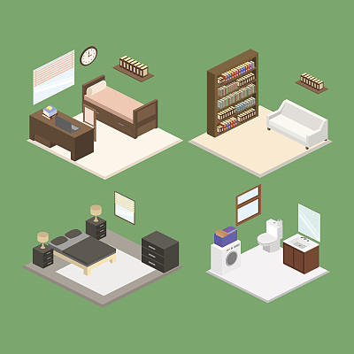 一套室内等距设计卧室和浴室矢量插图图片下载