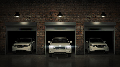 带开放式卷帘门的车库。3D渲染图片下载