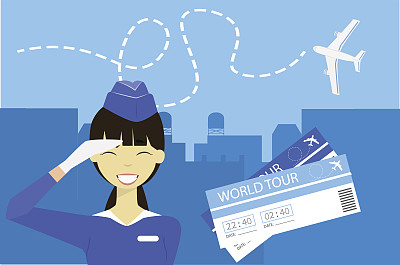 平面矢量插图，空服人员微笑，祝成功的方式。航空公司的广告。乘飞机旅行。图片下载