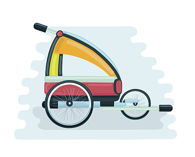 两个小孩一起坐在自行车拖车后面的一辆拉着的车里，他们沿着树林里的自行车道骑行图片下载