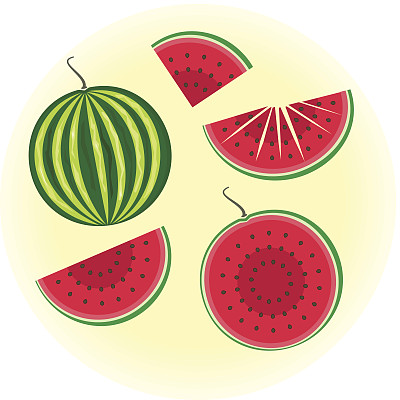 平矢量西瓜-饱满的水果，切成两半，四分之一，切片图片下载