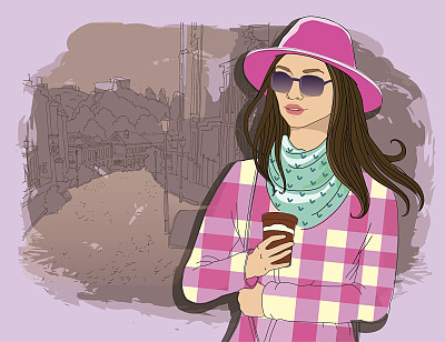 漂亮的时尚女孩在街头的素描风格图片下载