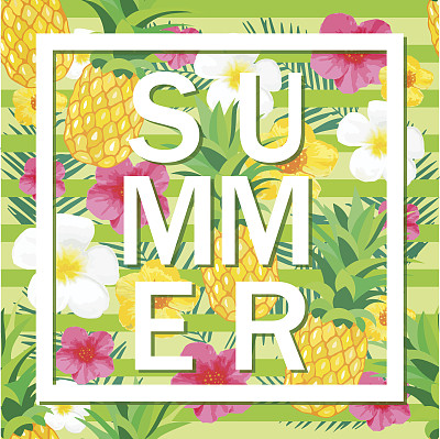 热带背景与菠萝，异国情调的花。图片下载