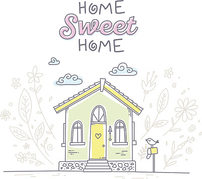 矢量插图可爱的平房与鲜花，邮箱图片下载