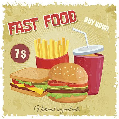 彩色复古的卡通海报的快餐矢量与汉堡三明治和炸薯条。图片下载