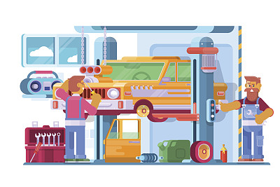 汽车修理服务。在自动升降机上被吊起来的汽车附近的汽车修理工。矢量图图片下载