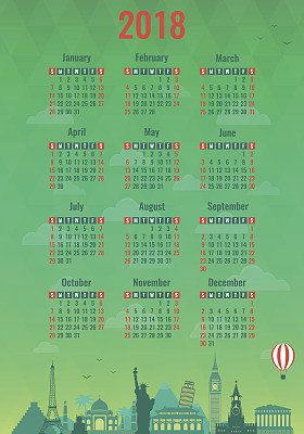 2018年世界著名地标日历。上周星期天开始。向量图片下载