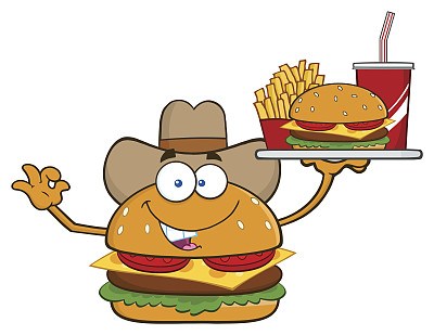 手持快餐盘子和Ok标志的牛仔汉堡图片下载