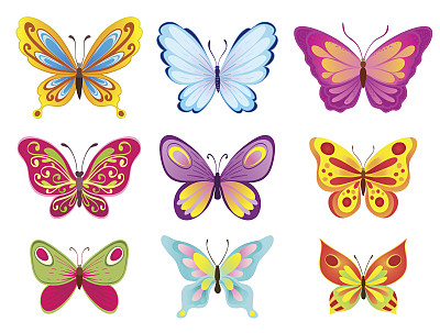 一套彩色卡通蝴蝶在白色。矢量图素材图片