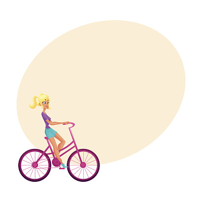 年轻漂亮的金发女人，骑着粉色自行车的女孩，骑着自行车图片下载