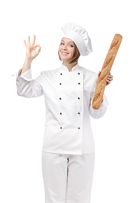 幸福女厨师孤立在白色的背景图片下载