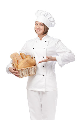 幸福女厨师孤立在白色的背景图片下载