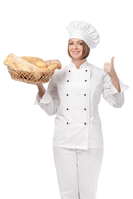 幸福女厨师孤立在白色的背景图片下载