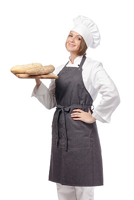 幸福女厨师孤立在白色的背景图片下载