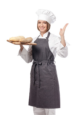 幸福女厨师孤立在白色的背景图片下载