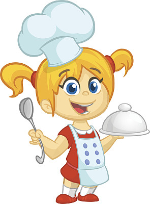 卡通小女孩拿着一个托盘，盘子和louche。矢量插图的少女准备火鸡和戴upron和厨师的帽子。大纲图片下载
