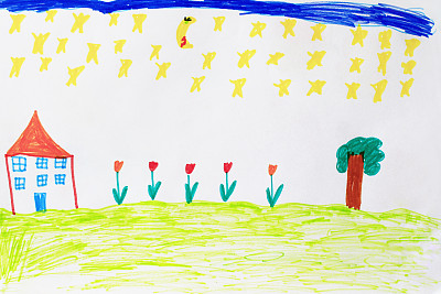 孩子画的有趣的房子花和树图片下载