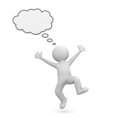 非常快乐的3d人庆祝与空白的思想泡泡在他的头顶上白色的背景图片下载