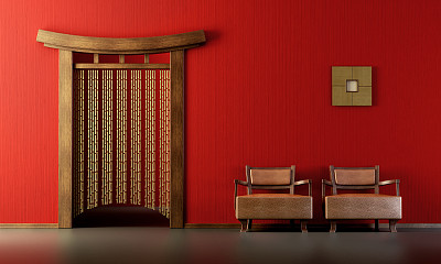 亚洲风格的房间，红色的墙壁和简约的家具图片下载