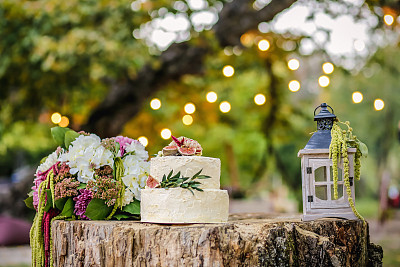美丽的婚礼装饰蛋糕，花束和灯笼在自然的背景图片下载