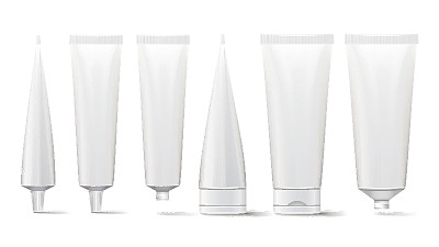 化妆品管集。矢量模型。采购产品化妆品，奶油，牙膏，胶水白色塑料管打开和关闭包装逼真的插图。孤立的素材图片