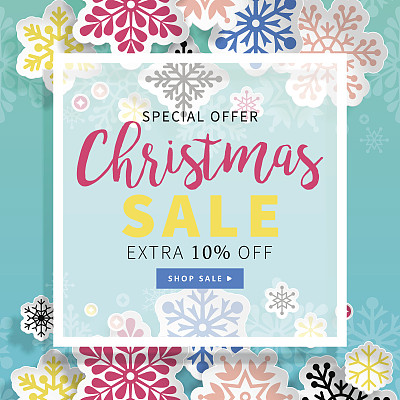 社交媒体和手机应用的圣诞促销横幅模板与纸雪花的背景。矢量图图片下载