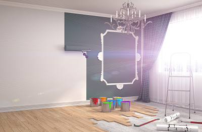 修理和粉刷房间的墙壁。3 d演示。图片下载