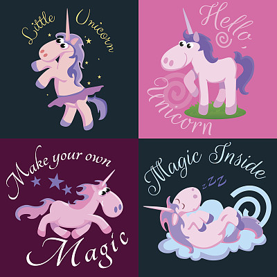 可爱的独角兽孤立设置，魔法飞马与翅膀和角在彩虹上飞行，幻想马矢量插图，神话生物梦想在彩色背景，贺卡文本模板图片下载