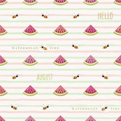 你好，八月无缝图案西瓜片和飞行的蜜蜂。图片下载