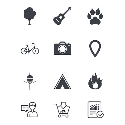 旅游、野营图标。钓鱼，火和自行车。图片下载