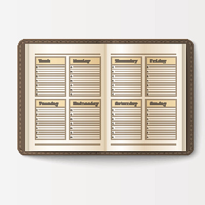 打开现实笔记本与页日记，办公室表模板小册子和空白纸教育抄写本组织者矢量插图图片下载