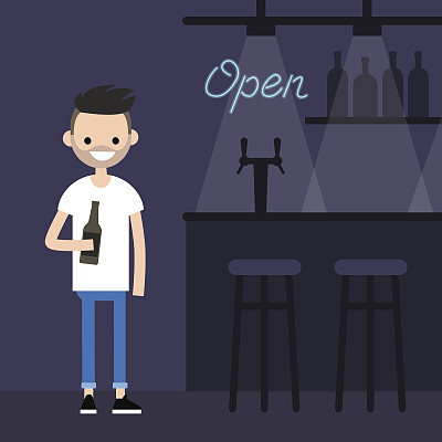 年轻的角色在酒吧喝啤酒/平面可编辑矢量插图，剪辑艺术图片下载