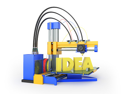 3d打印机的想法前面黄蓝色3d渲染在白色的背景图片下载