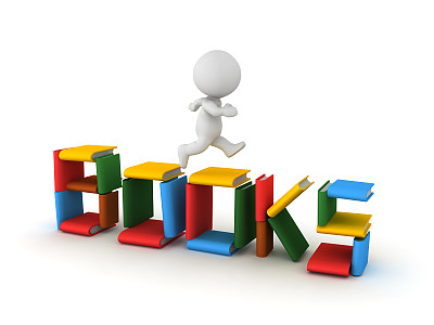 3D角色运行在“书”的标志由书组成图片下载