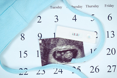 复古照片，孕检，宝宝超声波扫描，日历上新生儿的衣服，期待着宝宝图片下载