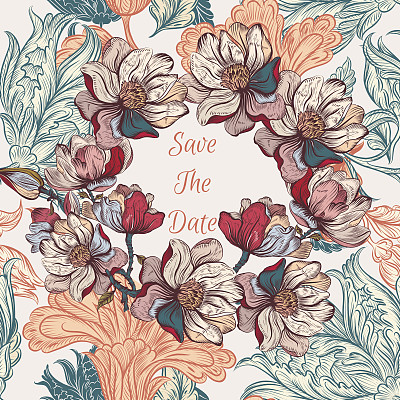 美丽的邀请，卡片或保存日期与鲜花绘制的经典风格图片下载