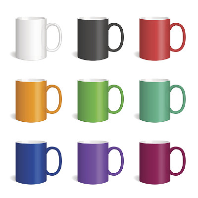 矢量现实的彩色陶瓷杯子。图片下载