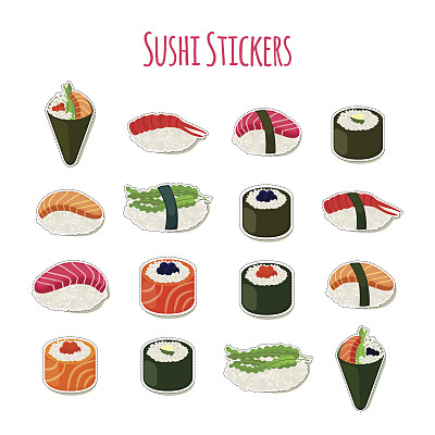 寿司套装贴纸、标签、标识。亚洲食品。矢量图图片下载