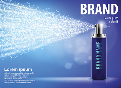 蓝色喷瓶孤立在蓝色背景与滴和软散焦为您的设计。逼真的高档美容广告，面部护理喷雾器。香水或除臭剂容器3d矢量图片下载