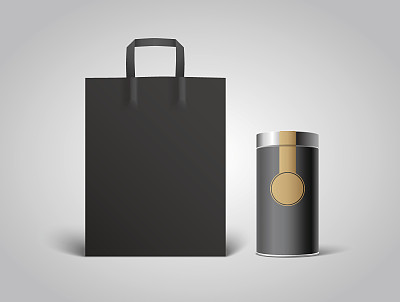黑色纸袋模型与空白锡罐包装与标签和钢盖图片下载
